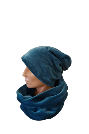 Veliūrinis mėlynos/žalsvos spalvos kepurės ir movos komplektas